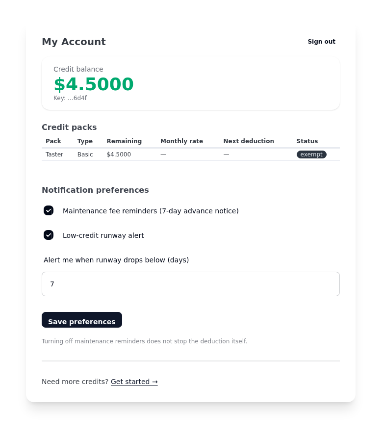 The credit balance shown in the Estravon preferences pane
