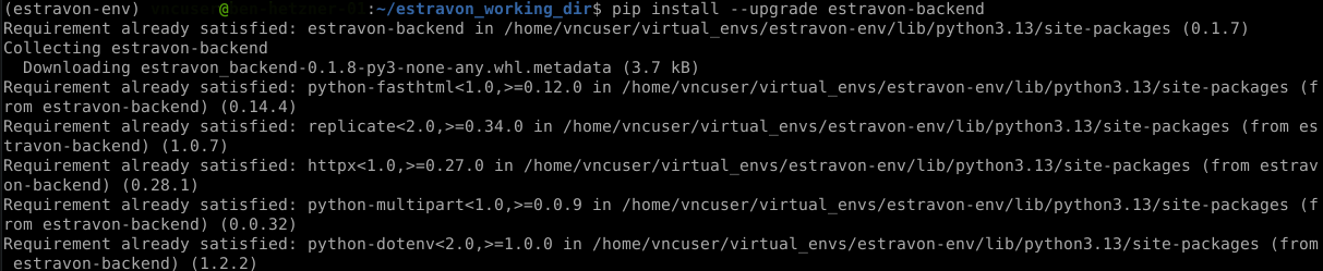 Terminal showing pip install estravon-backend completing successfully