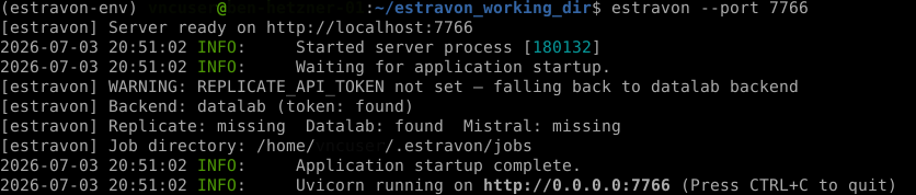Terminal showing the estravon backend starting on port 7766