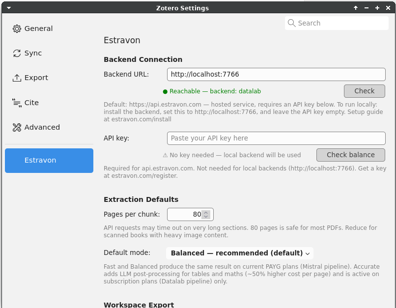The Estravon preferences pane set to localhost:7766 with green status indicator